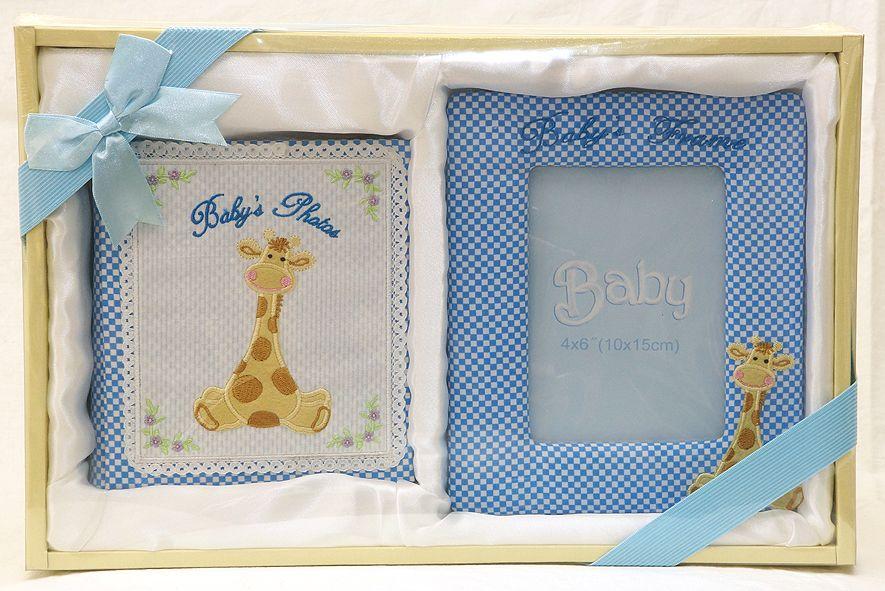 Луксозен комплект рамка и албум за снимки- Жирафче в синьо