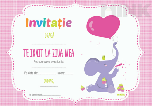 Set 10 Invitatii De Petrecere Fetite Elefantul Jucaus Mink 1114